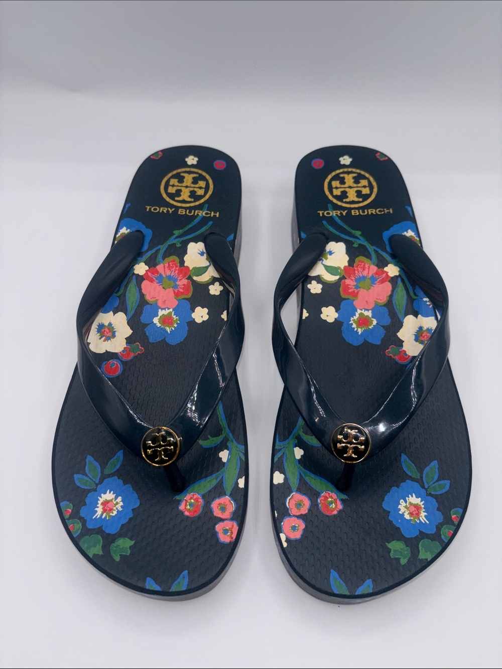 Tory Burch Navy Floral Logo Thong Sandals